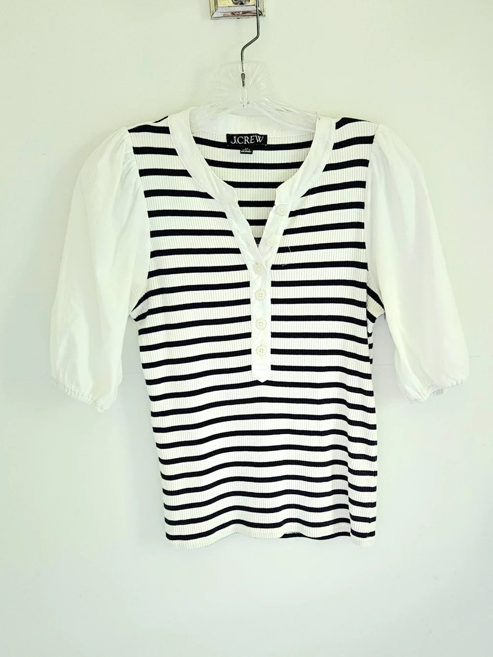 J. Crew Navy Stripe Puff Sleeve Top